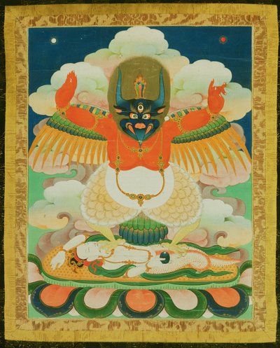 Dipinto Thangka di Garuda che calpesta un naga morente da Tibetan School
